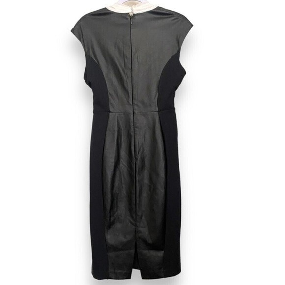 New York & Company Faux Leather Front Bow V-Neck Sleeveless Black Cocktail Dress - Picture 3 of 10